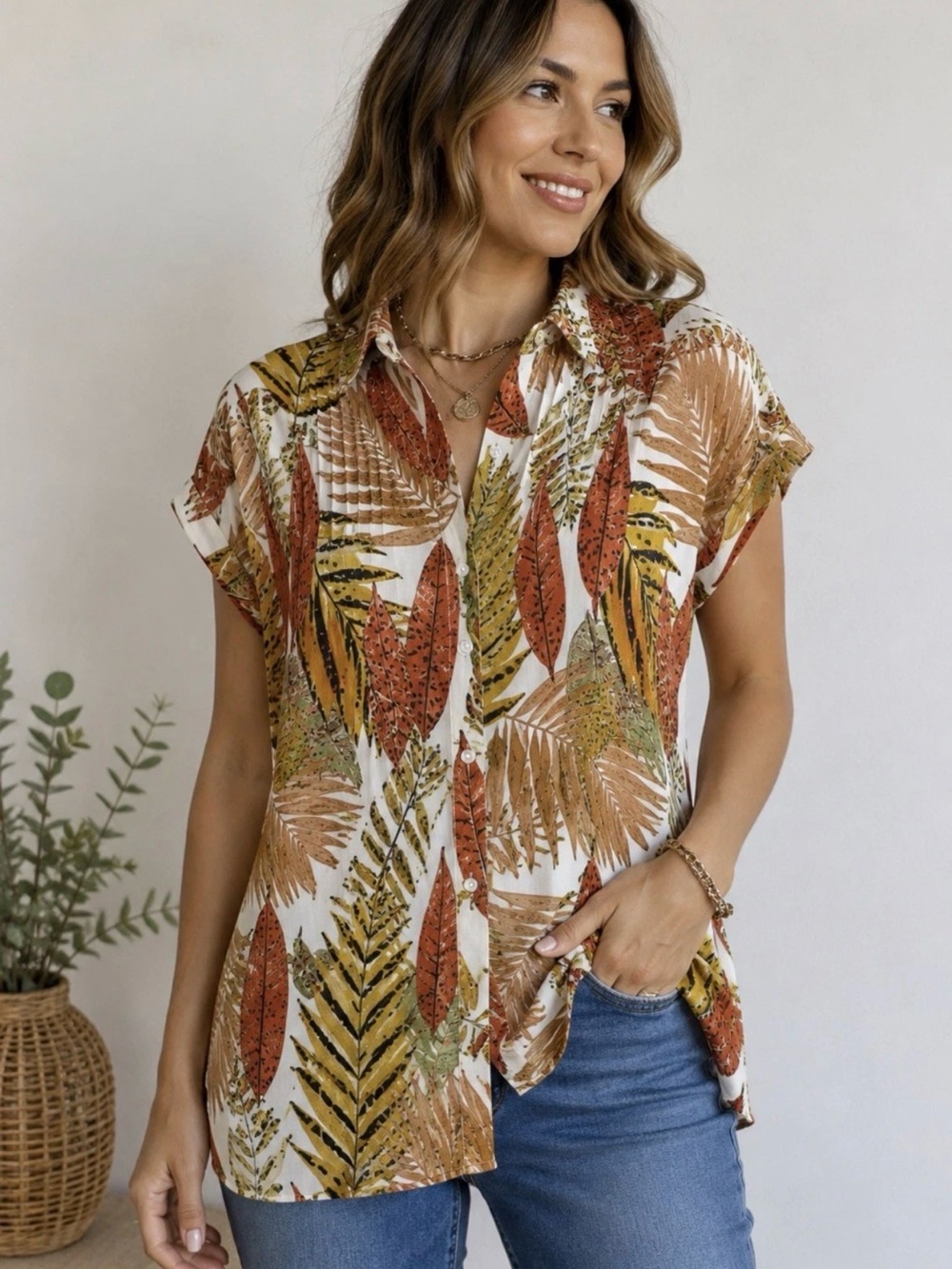 Jane + Delancey Tropical Leaf Print Button Front Blouse Women’s approx.XL(no tag